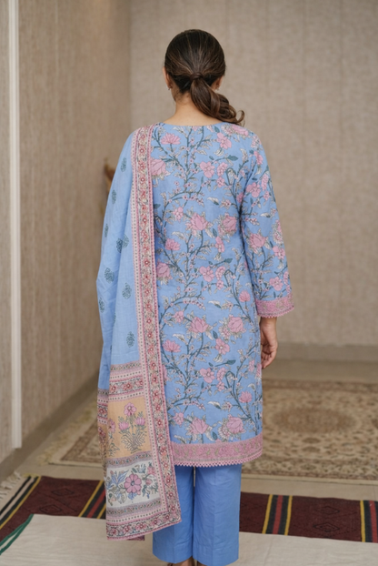 Sky Blue Floral Girls Dress-Lightweight Summer Outfit