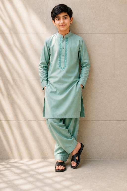 Mint Green Kids Kurta Pajama Set – Embroidered Festive Wear