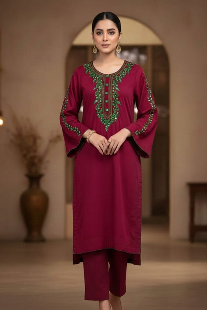 Maroon Embroidered Women- 3 piece dress