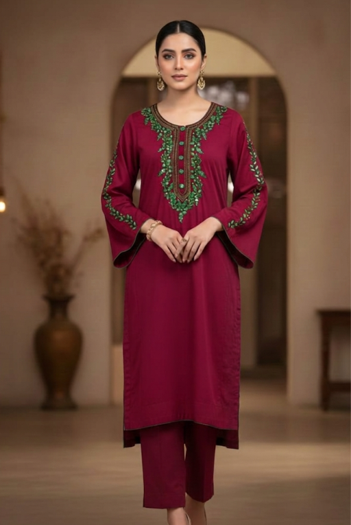 Maroon Embroidered Women- 3 piece dress