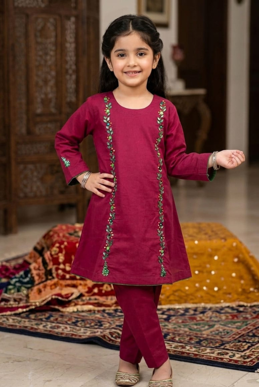 Shocking Pink Embroidered Girls Dress – Stylish & Comfortable
