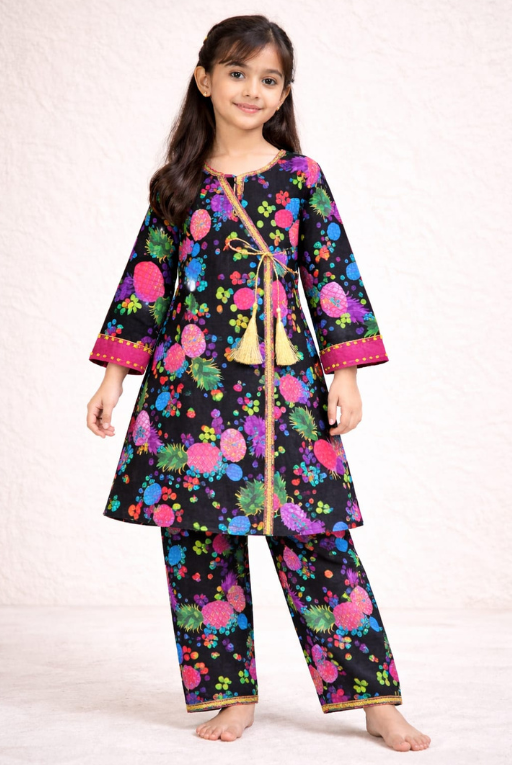 Black Pineapple Kids Kurta Set | Stylish Tropical Print