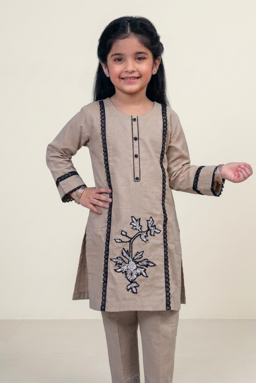 Beige Embroidered Girls – 2-Piece dress