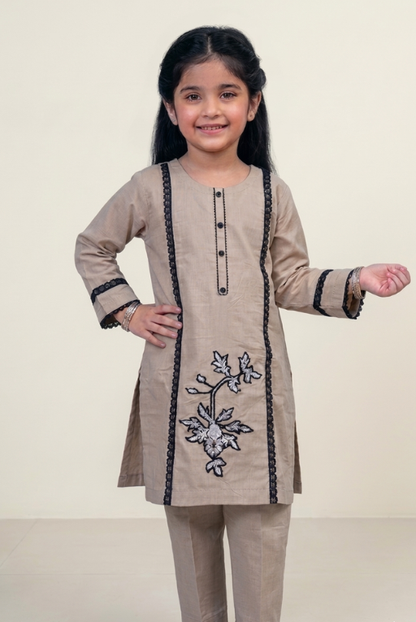 Beige Embroidered Girls – 2-Piece dress