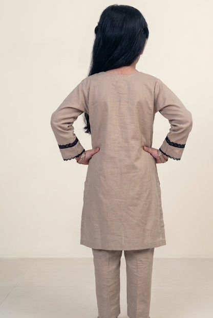 Beige Embroidered Girls – 2-Piece dress