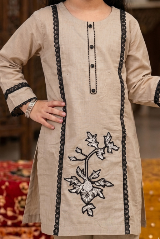 Beige Embroidered Girls – 2-Piece dress