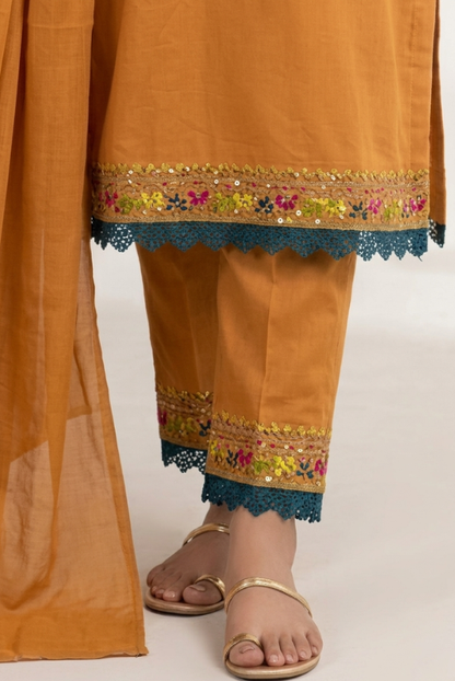 Mustard Traditional Threadwork Women – 3 piece dress