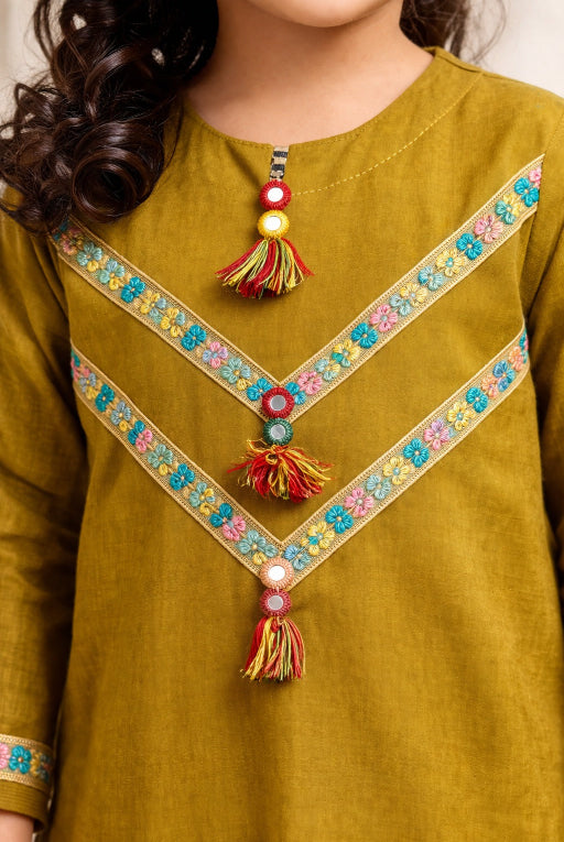 Mehndi Lace Kids Kurta Set | Elegant Girls Ethnic Wear