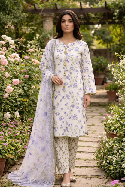 Off White Lavender Floral Lawn - 3 Piece dress