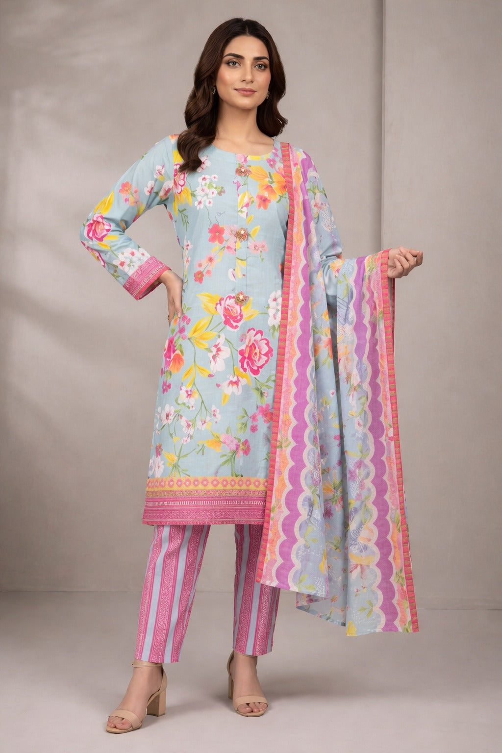 Sky Blue Floral Lawn 3 Piece Suit – Elegant Summer Wear