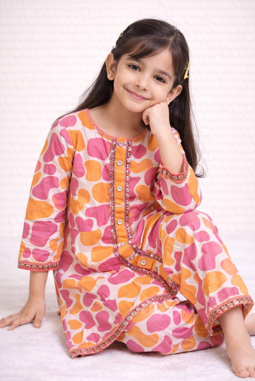 Pink Kids Kurta Set - Stylish Printed Girls Outfit
