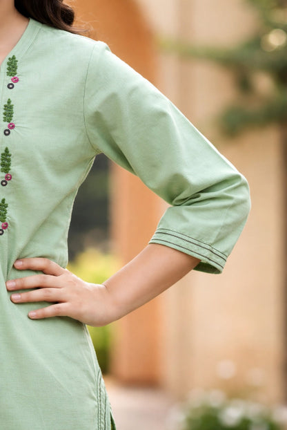 Pista Cambric Kids Kurta Set | Floral Embroidered Design