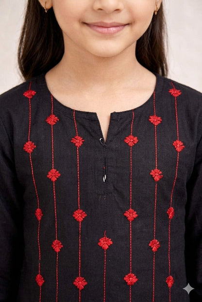 Black Red Girls Kurta Set – Elegant Stripe Design
