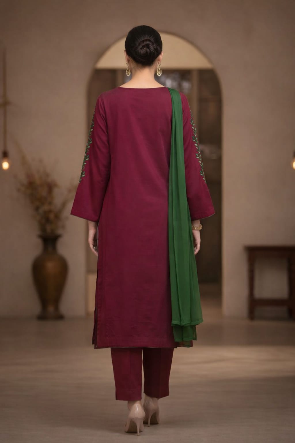 Maroon Embroidered Women- 3 piece dress