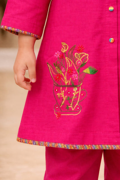 Shocking Pink Girls Kurta Set | Lightweight Everyday Wear