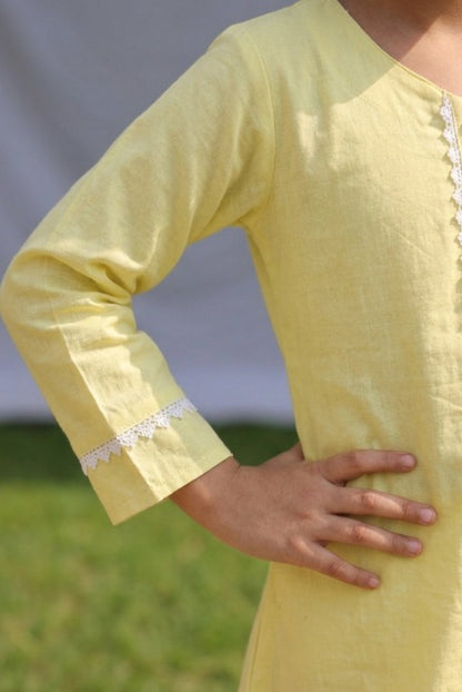 Yellow White Lace Kids Kurta Set – Breathable