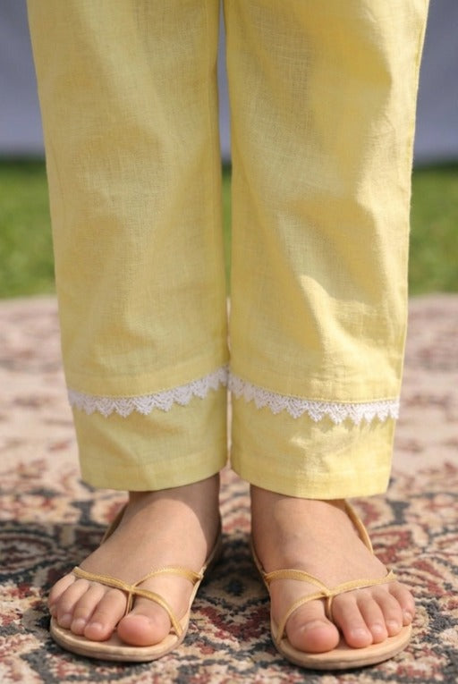Yellow White Lace Kids Kurta Set – Breathable