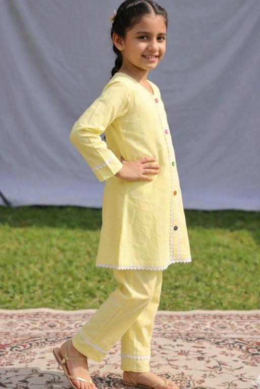Yellow White Lace Kids Kurta Set – Breathable
