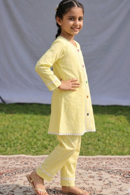 Yellow White Lace Kids Kurta Set – Breathable