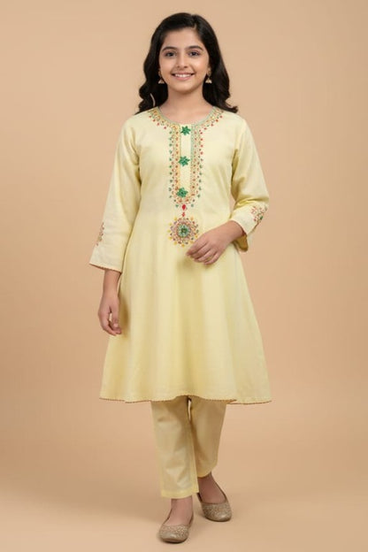 Yellow Embroidery Kurta Set – Lightweight Kids Outfit