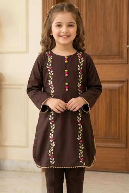 Brown Girls Gotti Kurta Set – Stylish Embroidered Outfit