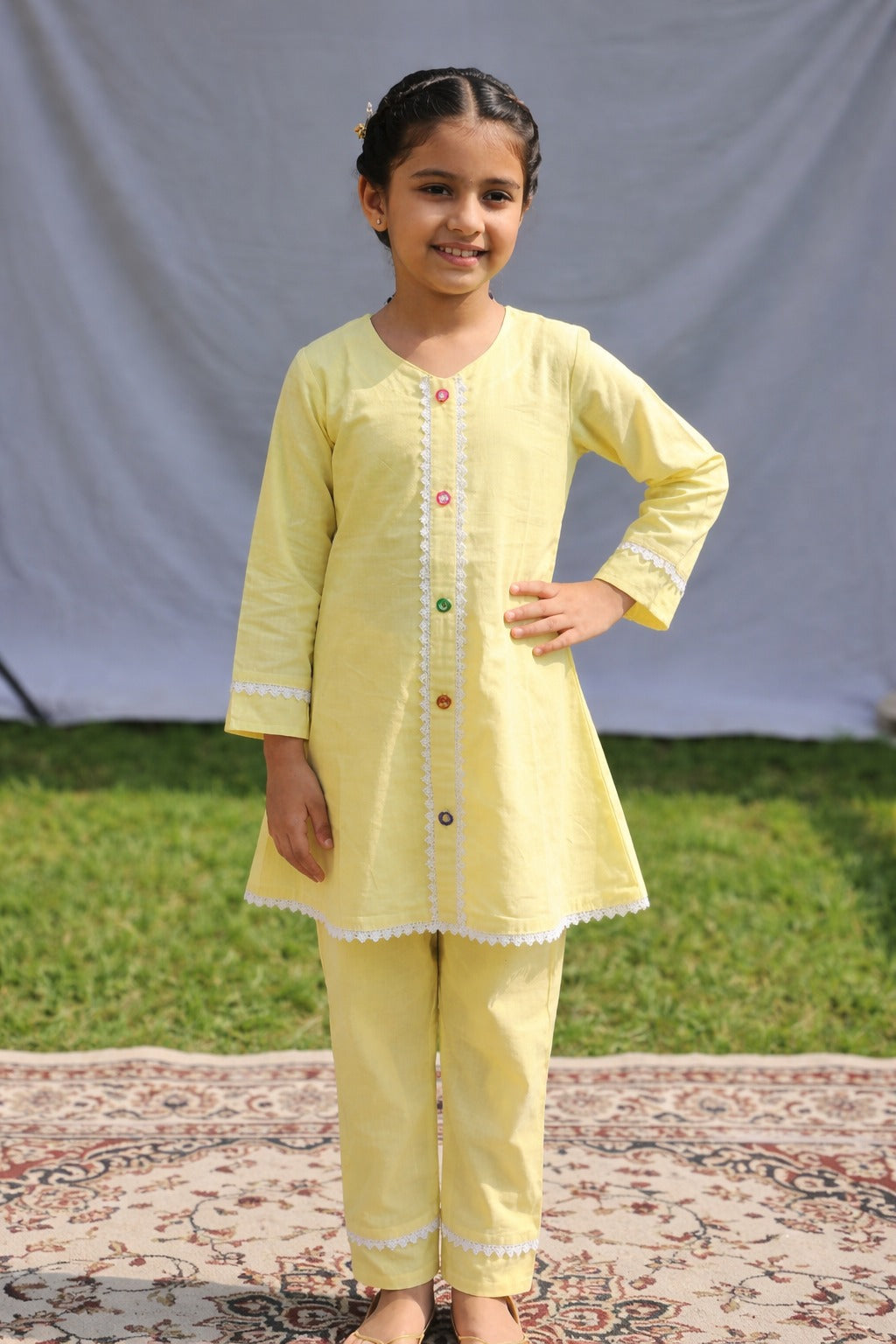 Yellow White Lace Kids Kurta Set – Breathable