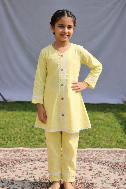 Yellow White Lace Kids Kurta Set – Breathable