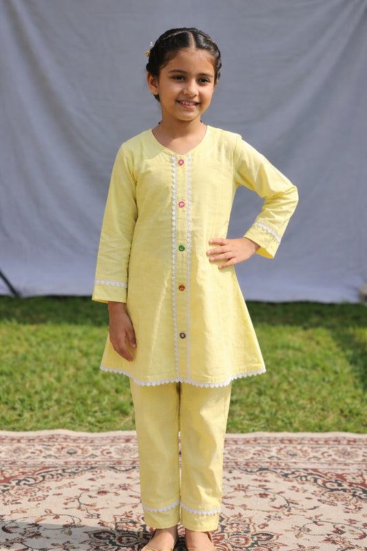 Yellow White Lace Kids Kurta Set – Breathable
